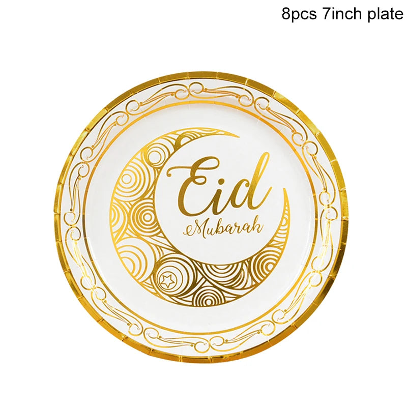 Eid Mubarak Disposable Tableware Gold Plate Cup Banner Gift Bags