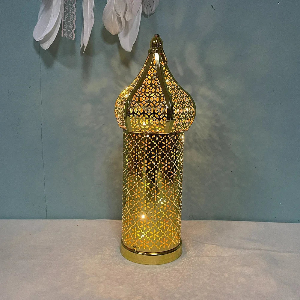 1pc Golden Hollow Iron Lantern Ramadan Home Decoration Light Ornaments Without Batteries