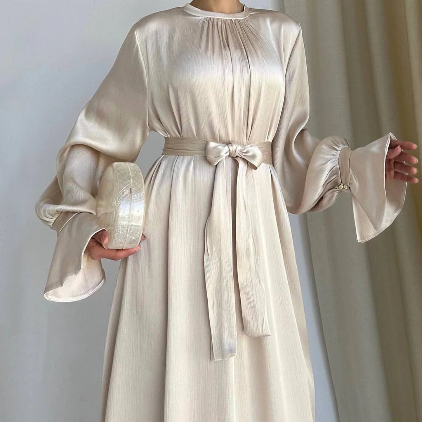 Elegant Satin Muslim Maxi Dress For Women With Belt