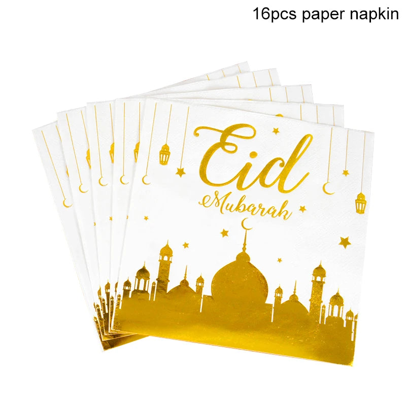 Eid Mubarak Disposable Tableware Gold Plate Cup Banner Gift Bags