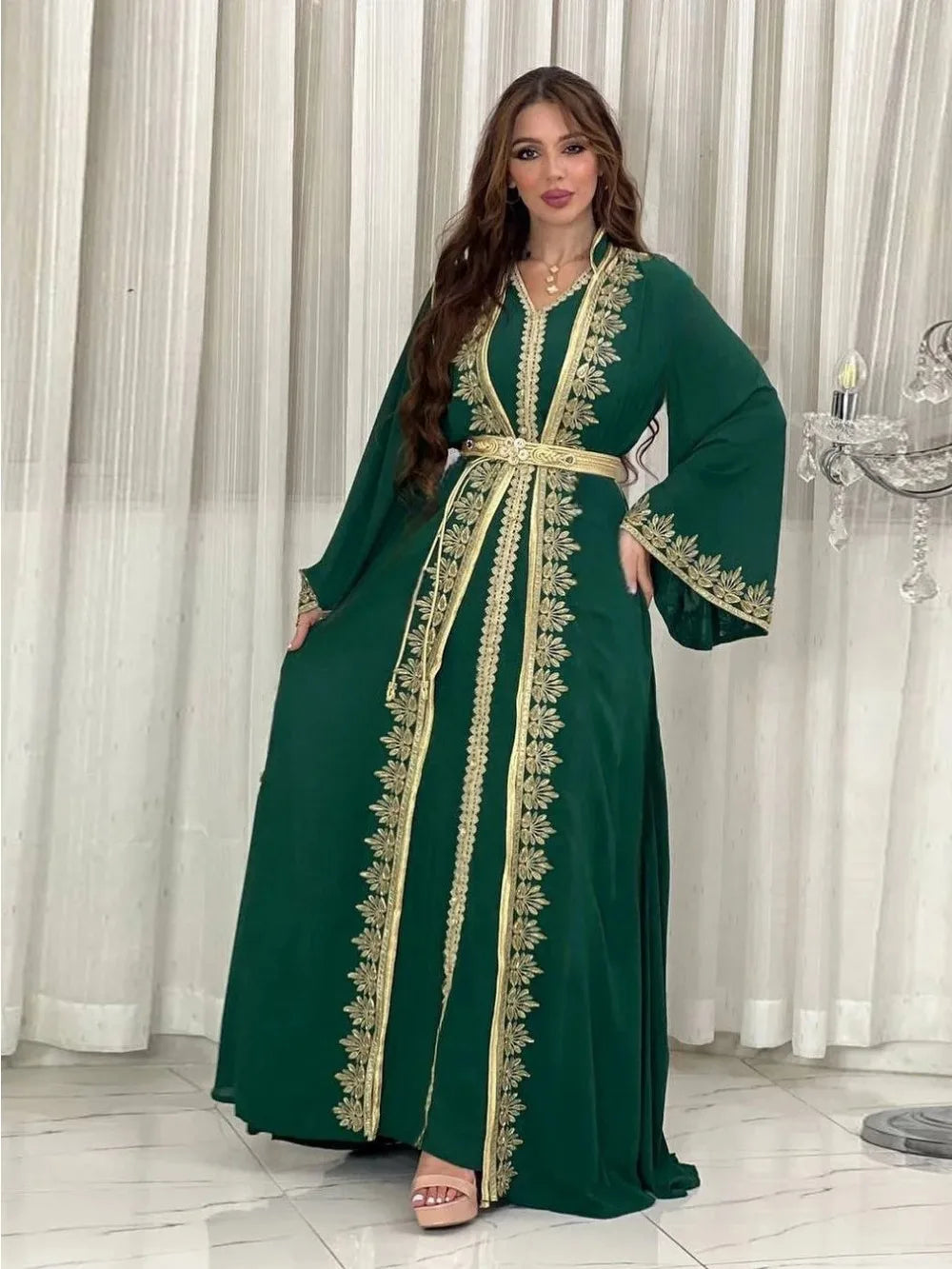 Eid Muslim Women Party Dresses Jellabiya 2 Piece Set Embroidery Arab Long Robe