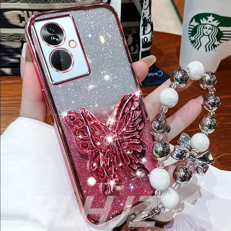 3D Butterfly Phone Holder Bead bracelet Glitter Plating Case for Funda Motorola Moto G24 G 24 G14 G34 G54 G84 G04 Stand Cover