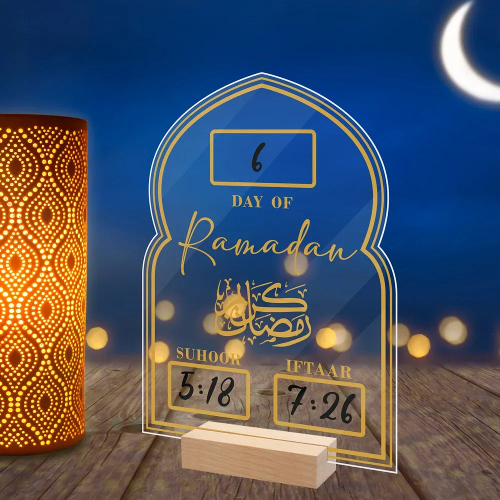 Reusable Acrylic Ramadan Calendar Board Wooden Base Table Ornament with Pen