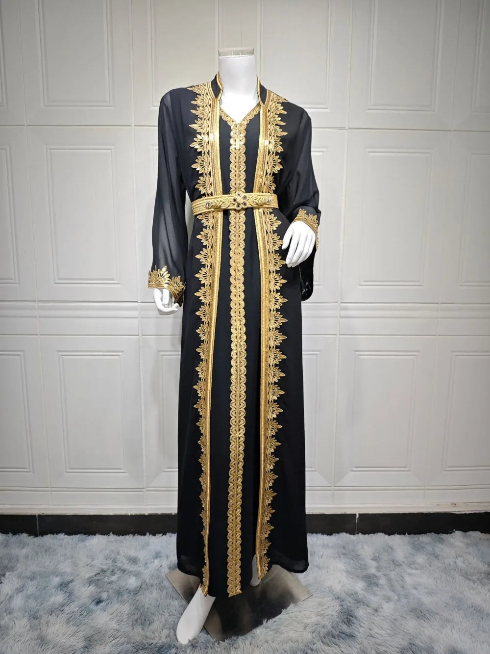 Eid Muslim Women Party Dresses Jellabiya 2 Piece Set Embroidery Arab Long Robe