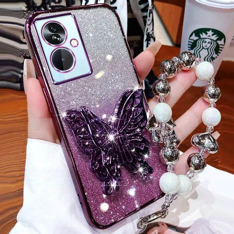 3D Butterfly Phone Holder Bead bracelet Glitter Plating Case for Funda Motorola Moto G24 G 24 G14 G34 G54 G84 G04 Stand Cover