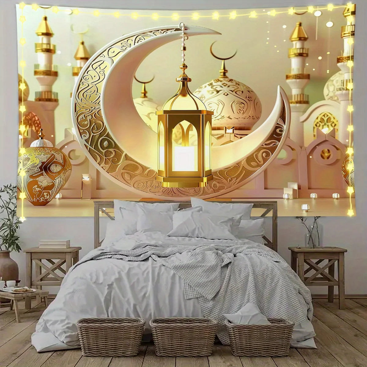 1pc Polyester Gold Moon and Lantern Eid Background Banner