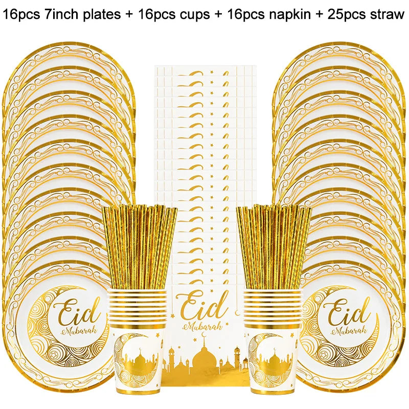 Eid Mubarak Disposable Tableware Gold Plate Cup Banner Gift Bags