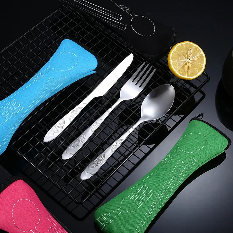 4Pcs/3Pcs Set Dinnerware Portable Printed Knifes Fork Spoon Stainless Steel Tableware with Bag