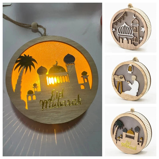 EID Mubarak Wooden Pendant with LED Light Ramadan Decorations