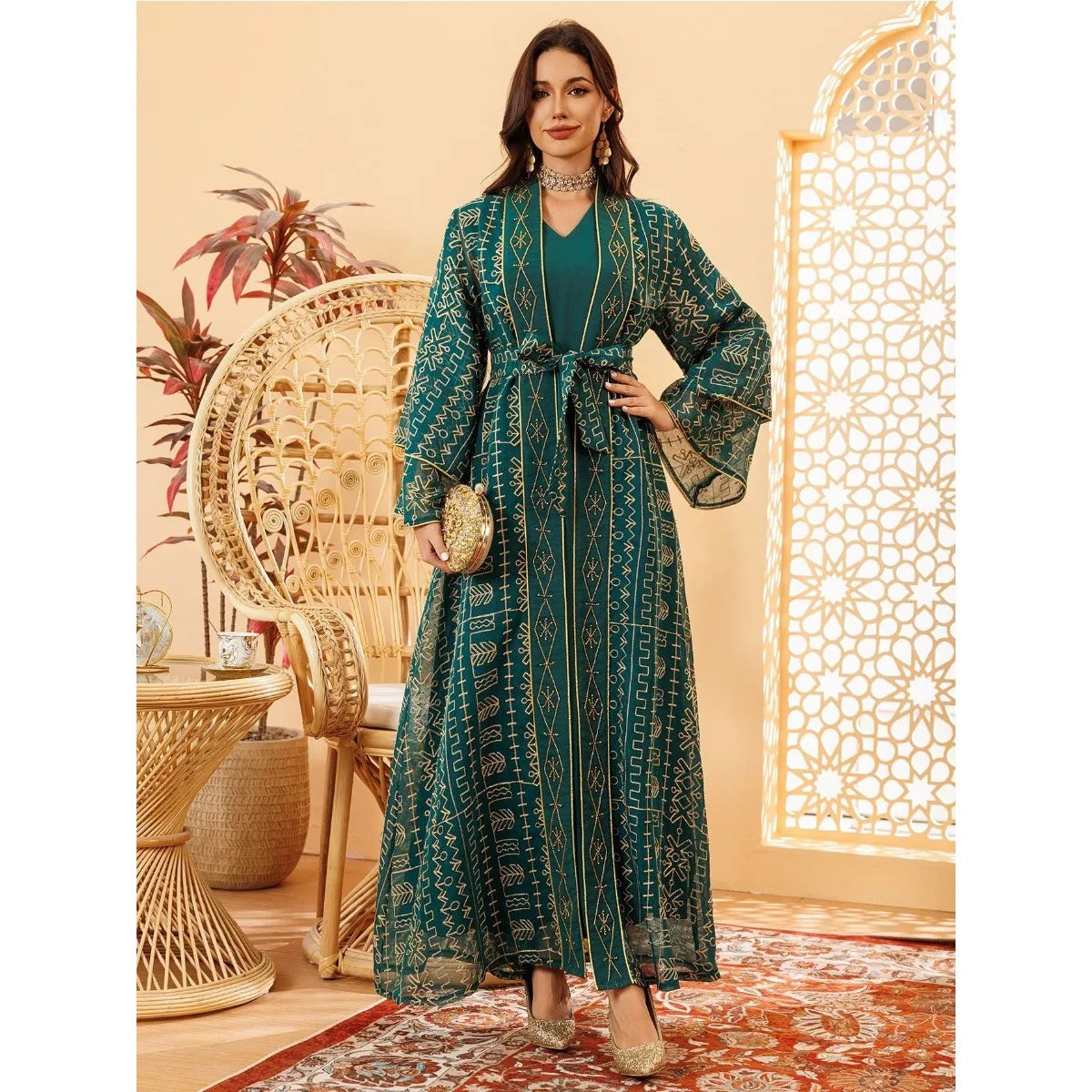 Women Muslim Abaya 2 Piece Set Embroidery Long Robe Jalabiya Full Length