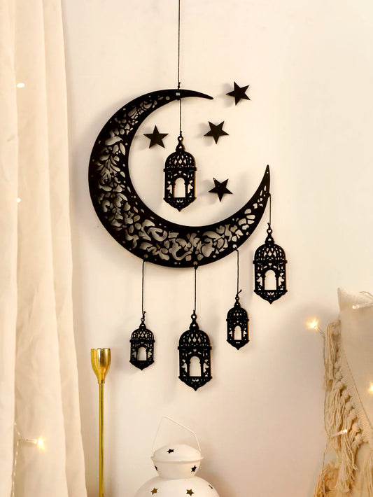 Wooden Hollow Moon and Star Lantern –Ramadan Hanging Decor