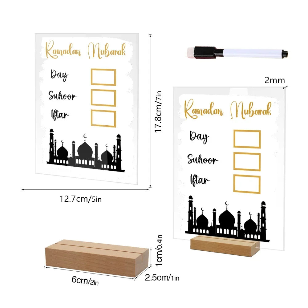 Reusable Acrylic Ramadan Calendar Board Wooden Base Table Ornament with Pen