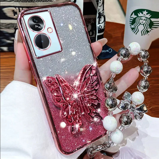 3D Butterfly Phone Holder Bead bracelet Glitter Plating Case for Funda Motorola Moto G24 G 24 G14 G34 G54 G84 G04 Stand Cover