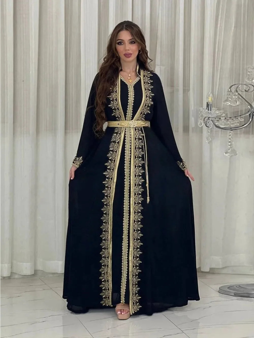 Eid Muslim Women Party Dresses Jellabiya 2 Piece Set Embroidery Arab Long Robe