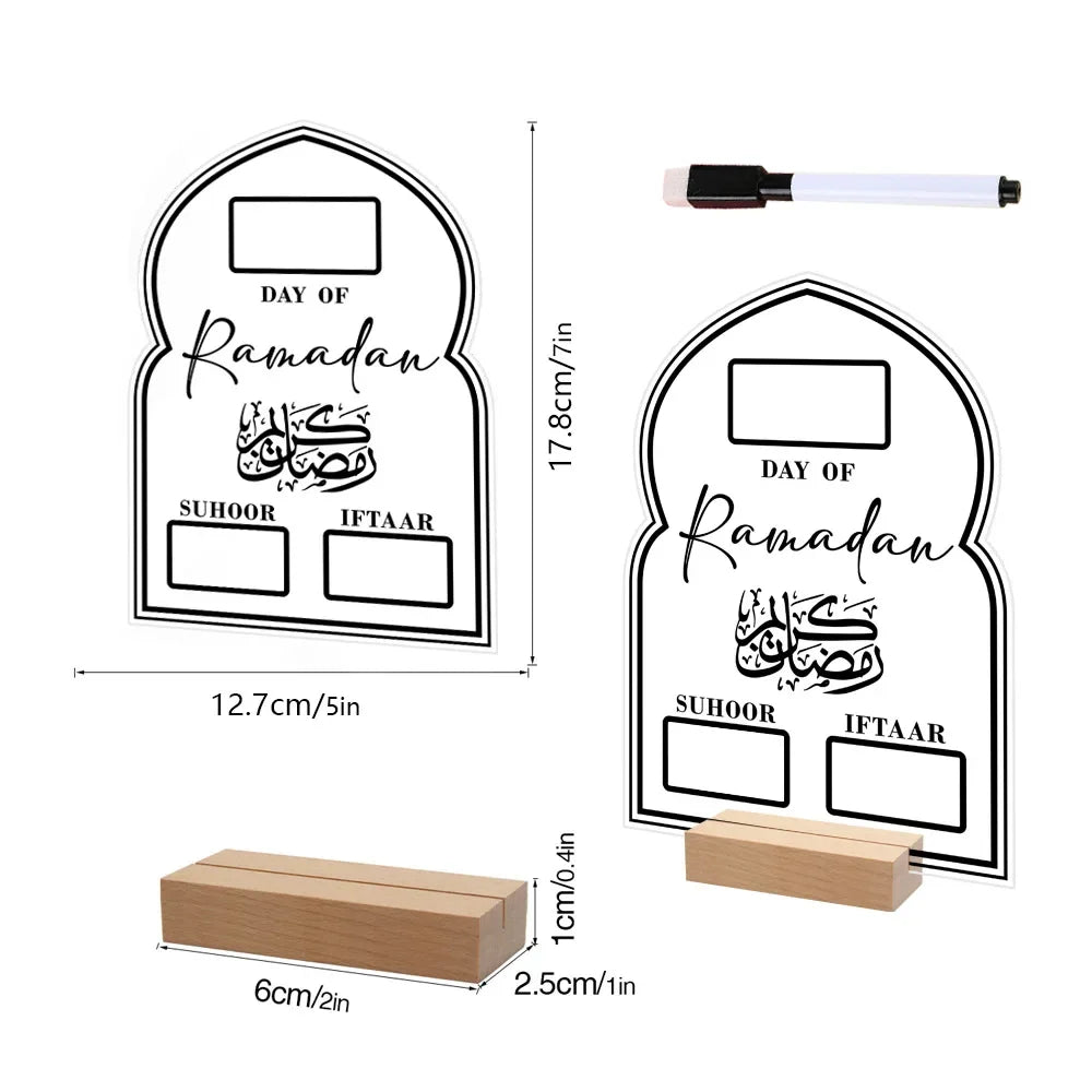 Reusable Acrylic Ramadan Calendar Board Wooden Base Table Ornament with Pen