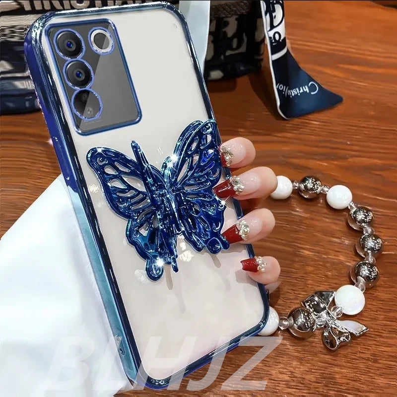 3D Butterfly Phone Holder Bead bracelet Glitter Plating Case for Funda Motorola Moto G24 G 24 G14 G34 G54 G84 G04 Stand Cover