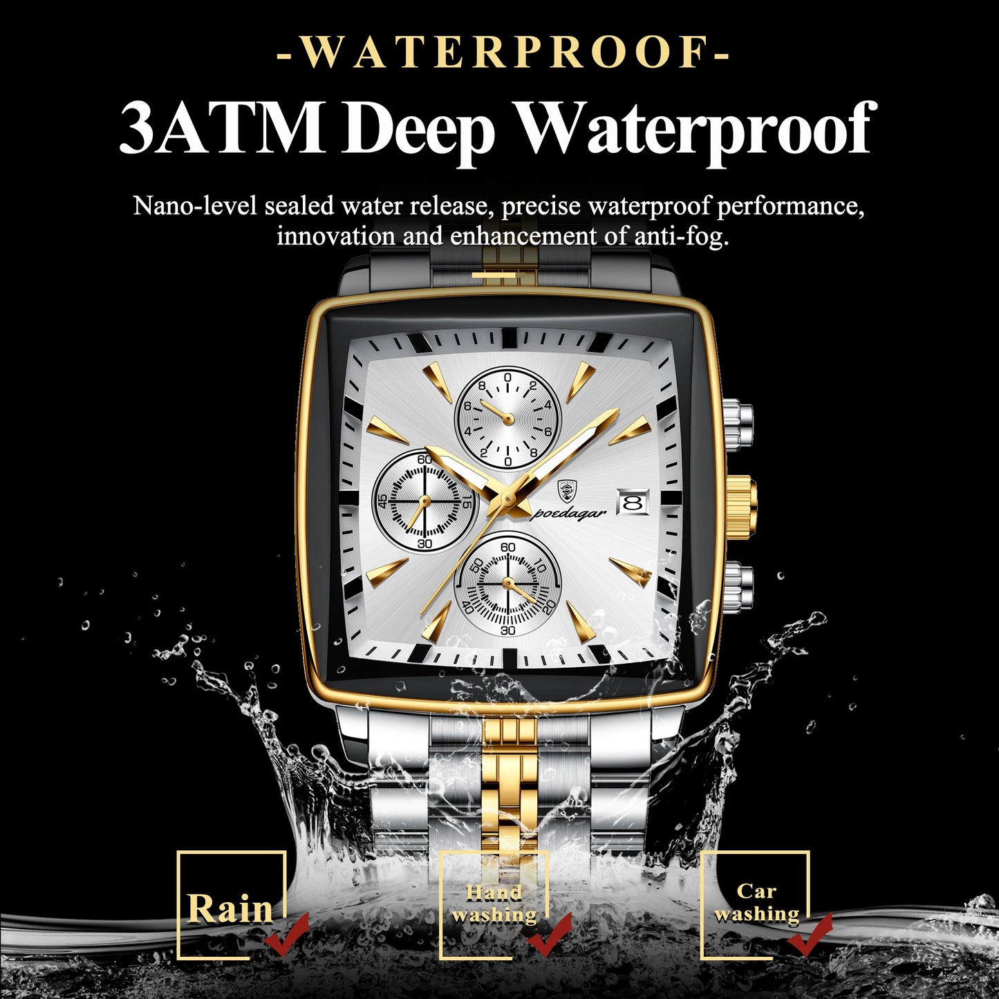 POEDAGAR Luxury Square Sport Man Wristwatch Waterproof