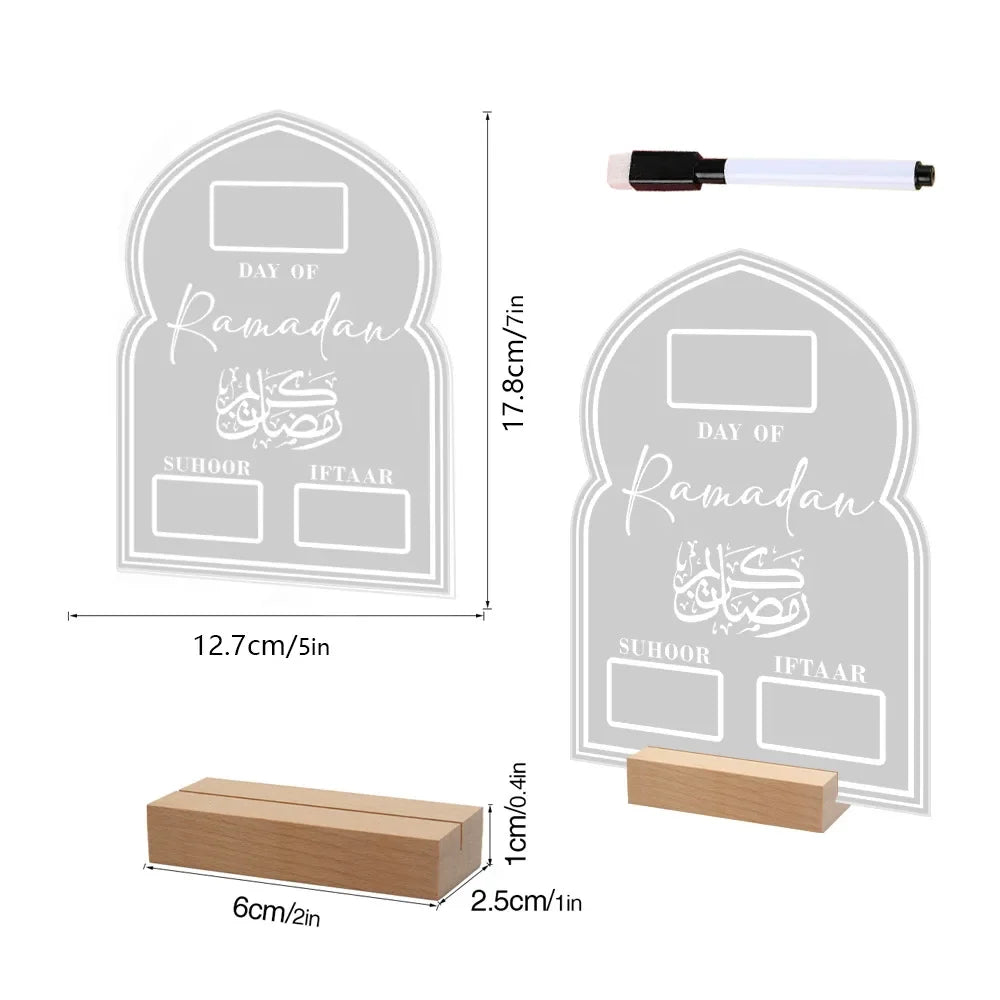 Reusable Acrylic Ramadan Calendar Board Wooden Base Table Ornament with Pen