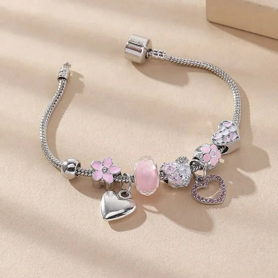 Bega Love Heart Flower Glass Pendant Charm Bracelet