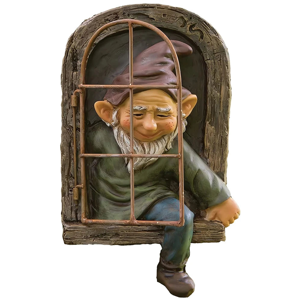 Elf Out The Door /Window Tree Hugger Naughty Garden Gnome Statue Tree Decor