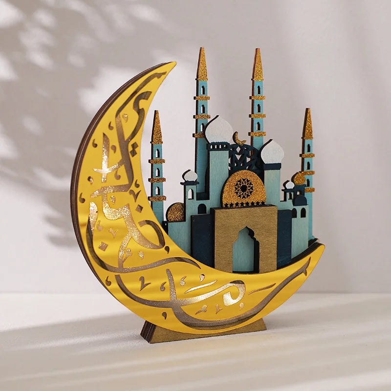 EID Mubarak LED Light Wooden Moon Mosque Table Ornaments