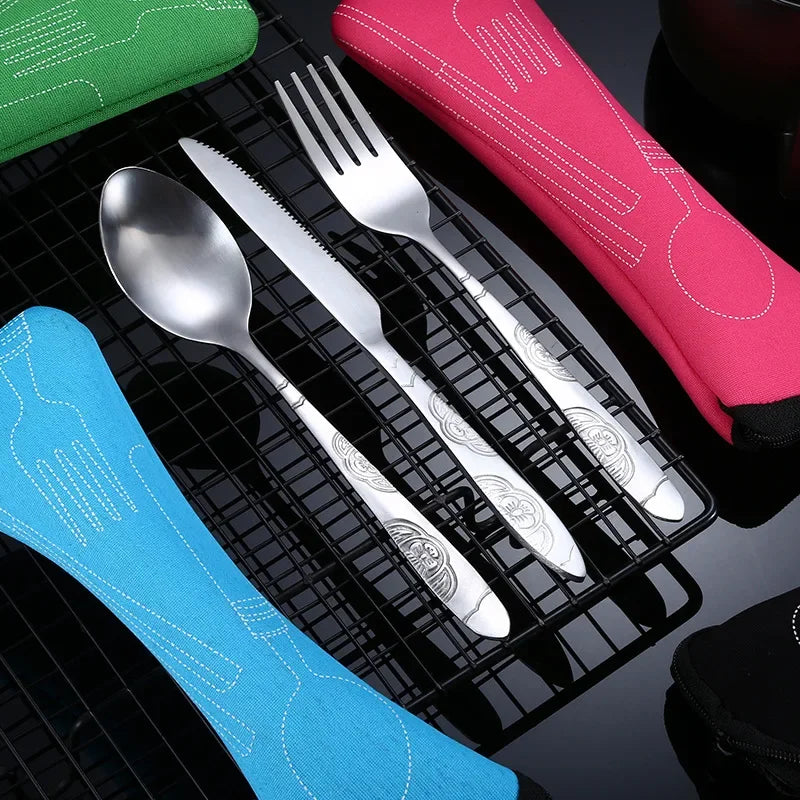 4Pcs/3Pcs Set Dinnerware Portable Printed Knifes Fork Spoon Stainless Steel Tableware with Bag