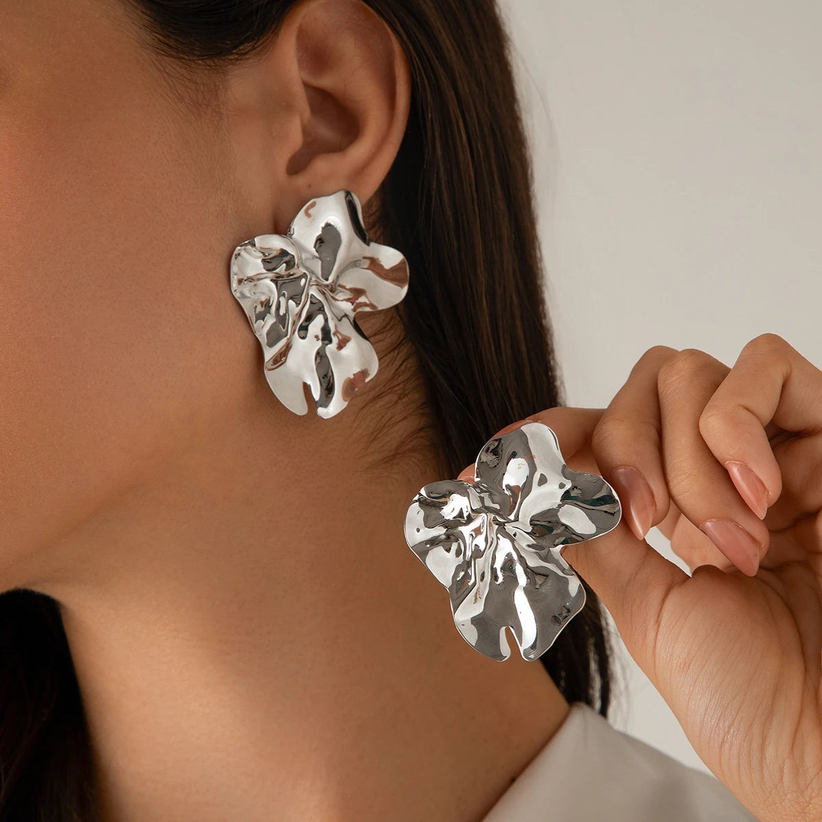 Goth Geometric Irregular Metal Petal Flower Stud Earrings