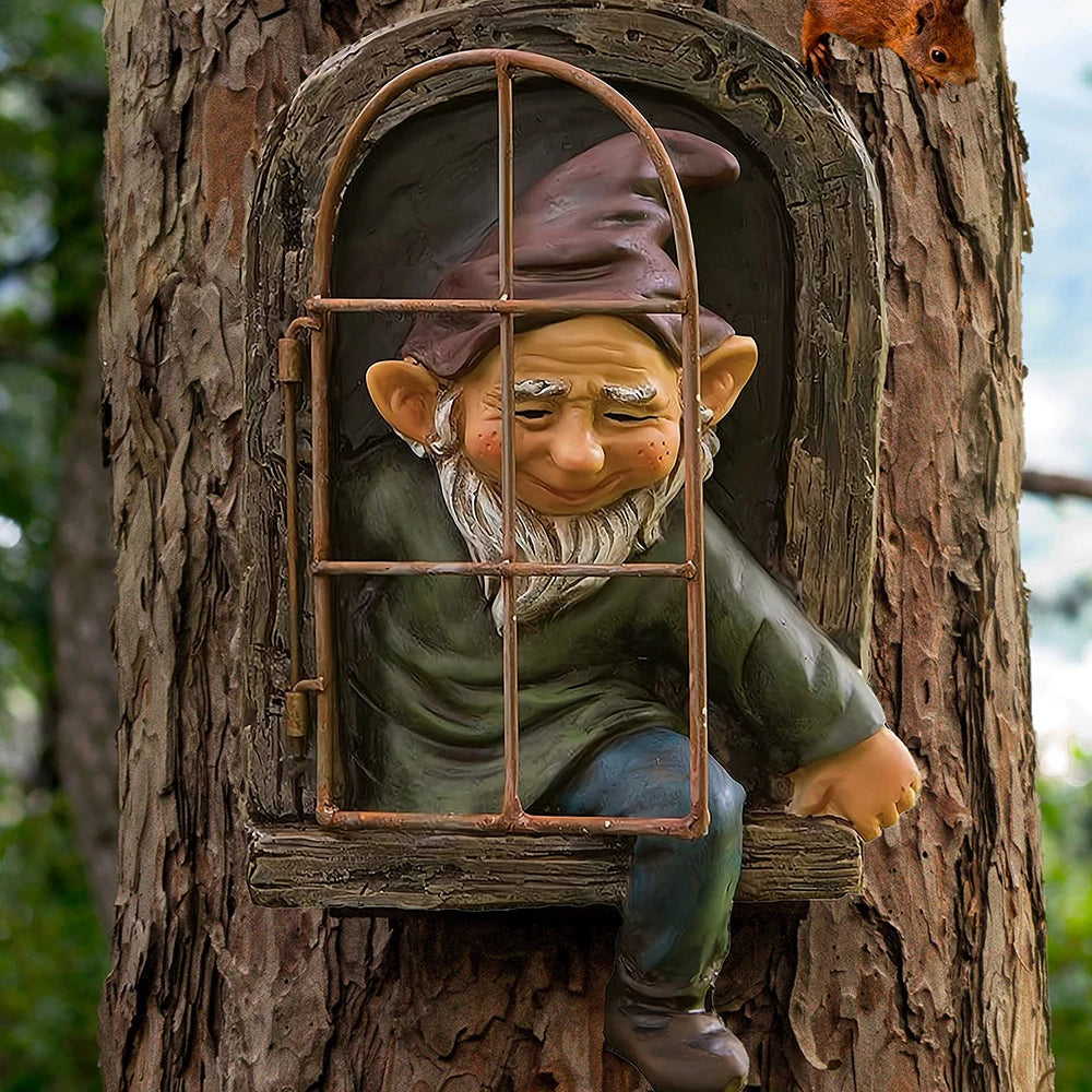 Elf Out The Door /Window Tree Hugger Naughty Garden Gnome Statue Tree Decor