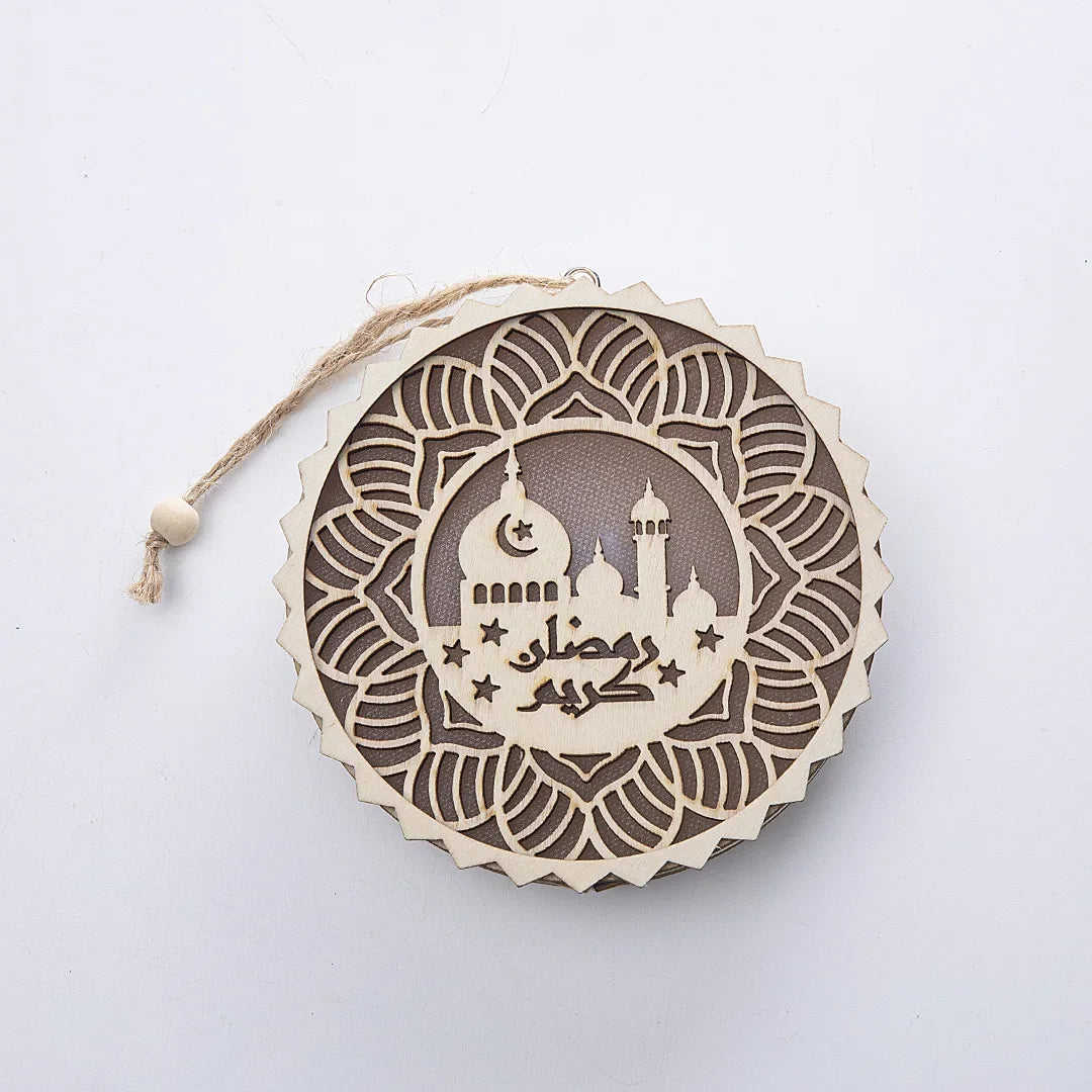 EID Mubarak Wooden Pendant with LED Light Ramadan Decorations