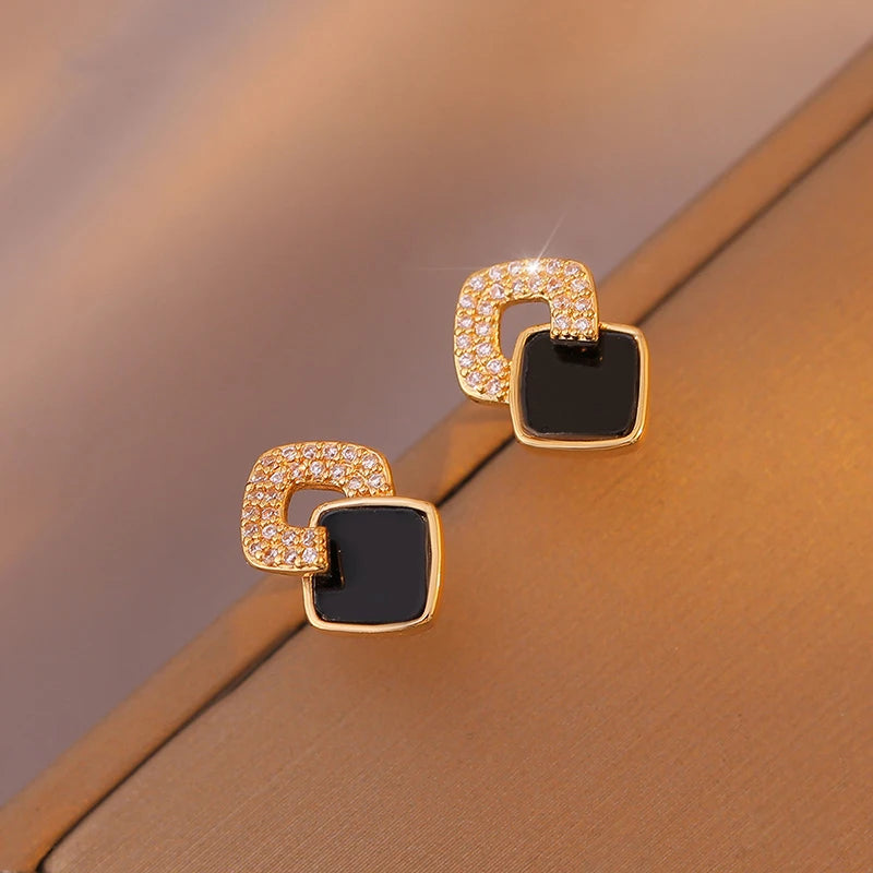 Classic Black Square Ear Stud Women's Fashion Shiny Rhinestone Earrings