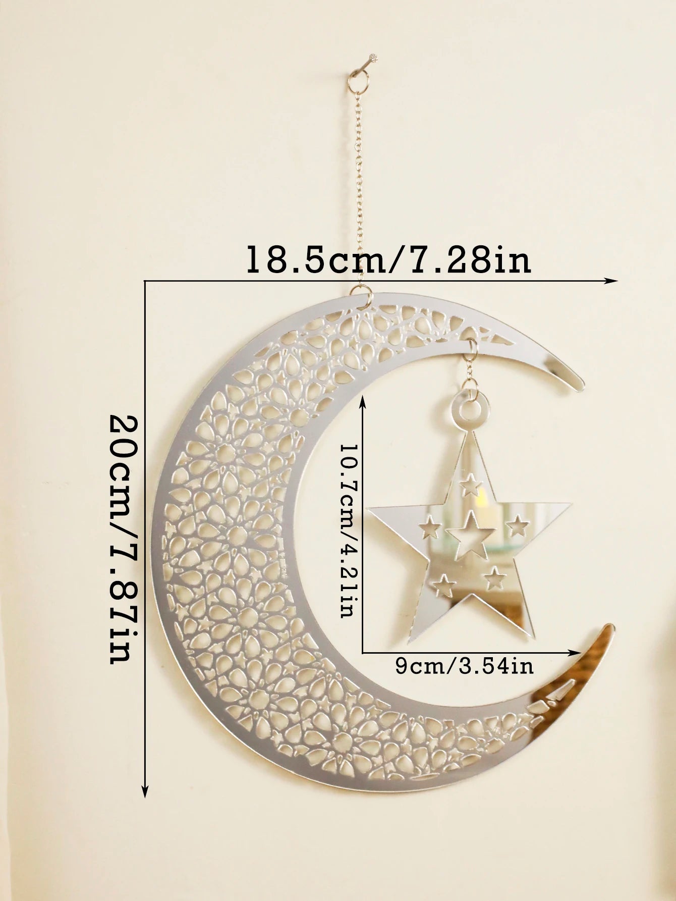 Silver Ramadan Acrylic Moon Hanging Ornaments with Hollow Mesh Star