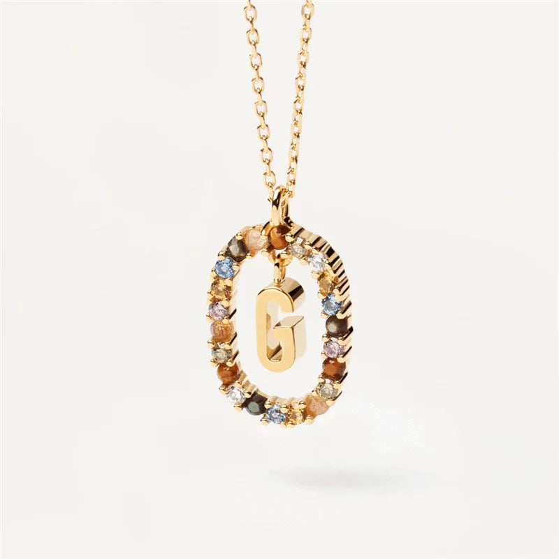 925 Sterling Silver Gold A-Z Letter Necklace Color Zircon