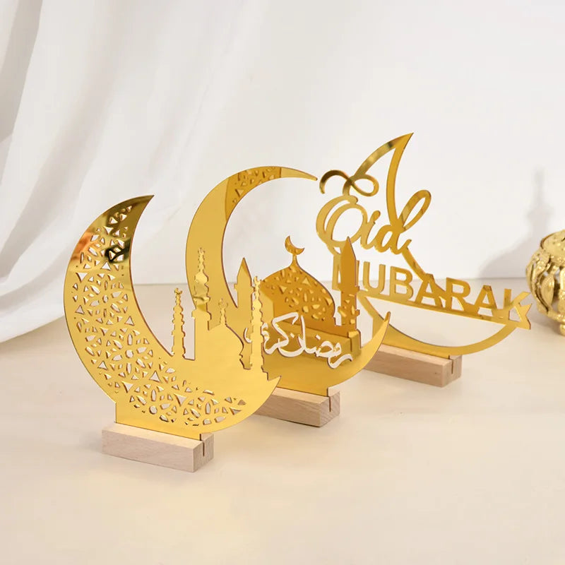 Eid Mubarak Moon Castle Acrylic Table Ornaments with Wooden Base 2025