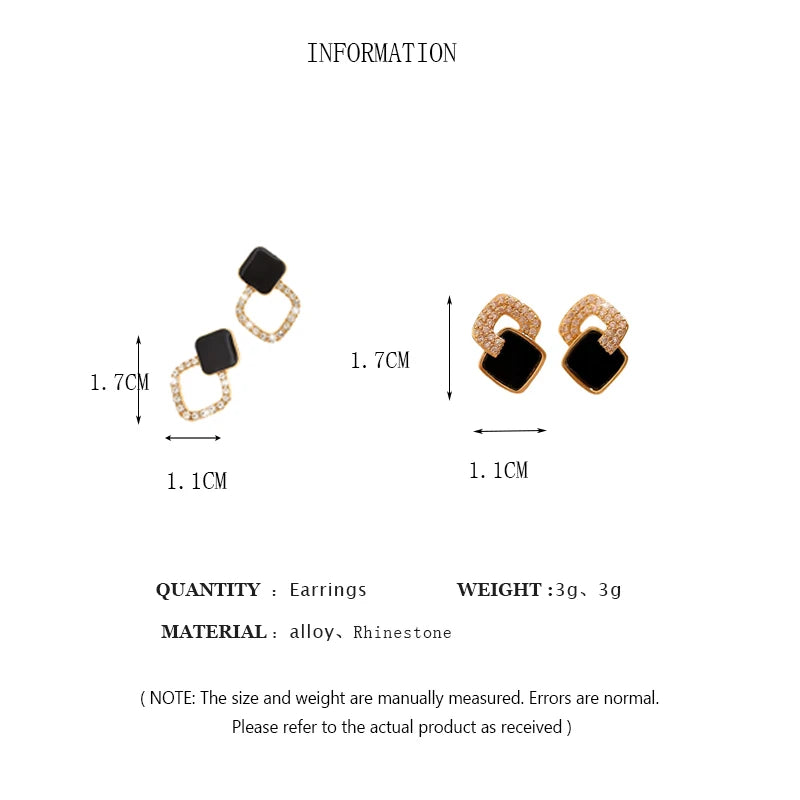 Classic Black Square Ear Stud Women's Fashion Shiny Rhinestone Earrings