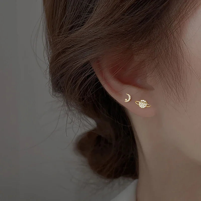 Simple Piercing Stud Earrings for Women Star Moon