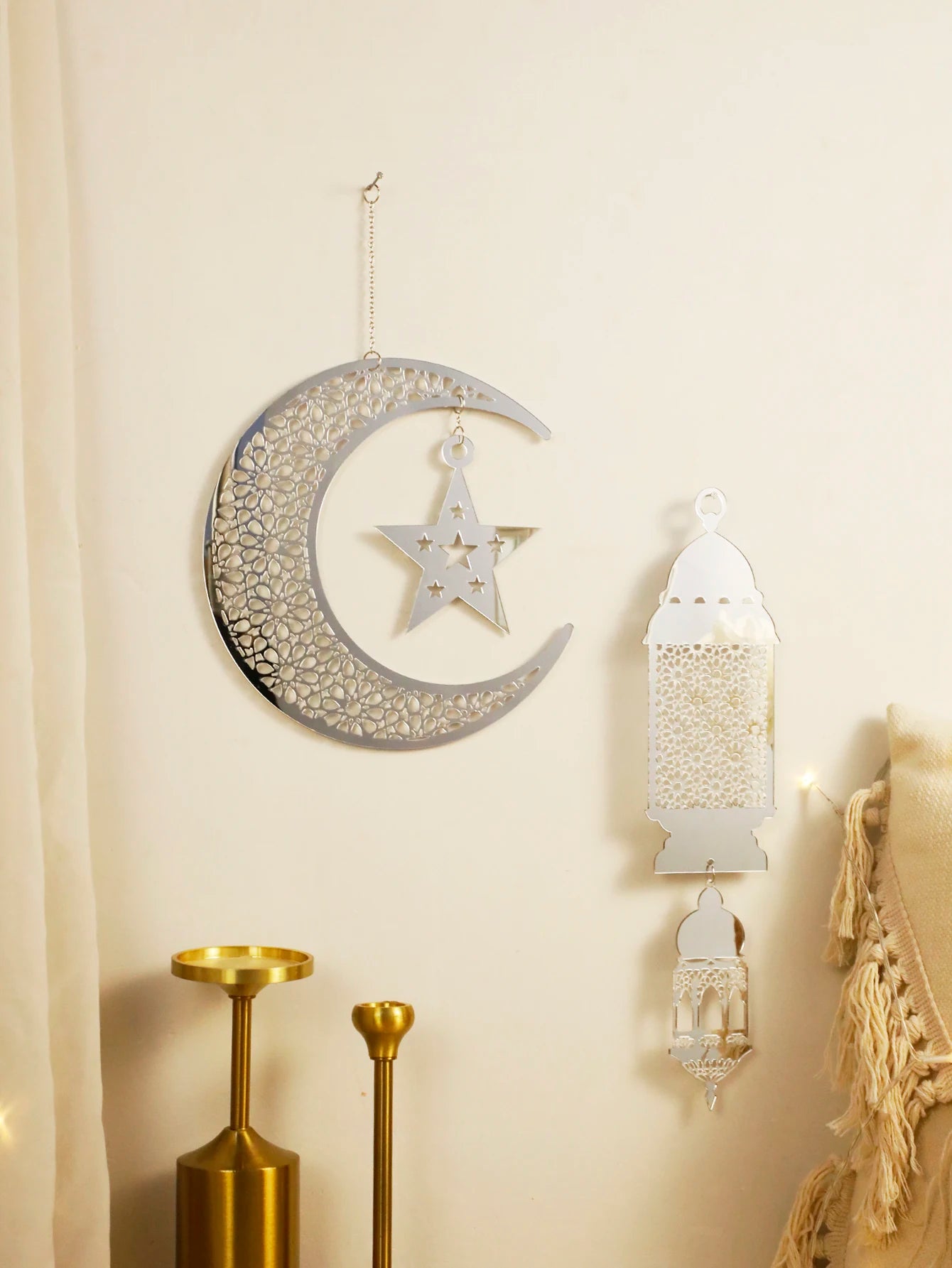 Silver Ramadan Acrylic Moon Hanging Ornaments with Hollow Mesh Star