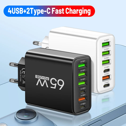 Total 65W USB C Charger 6 Ports Fast Charging Wall Charger