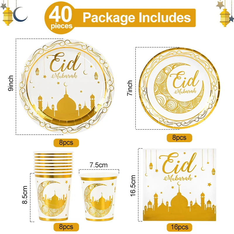 Eid Mubarak Disposable Tableware Gold Plate Cup Banner Gift Bags