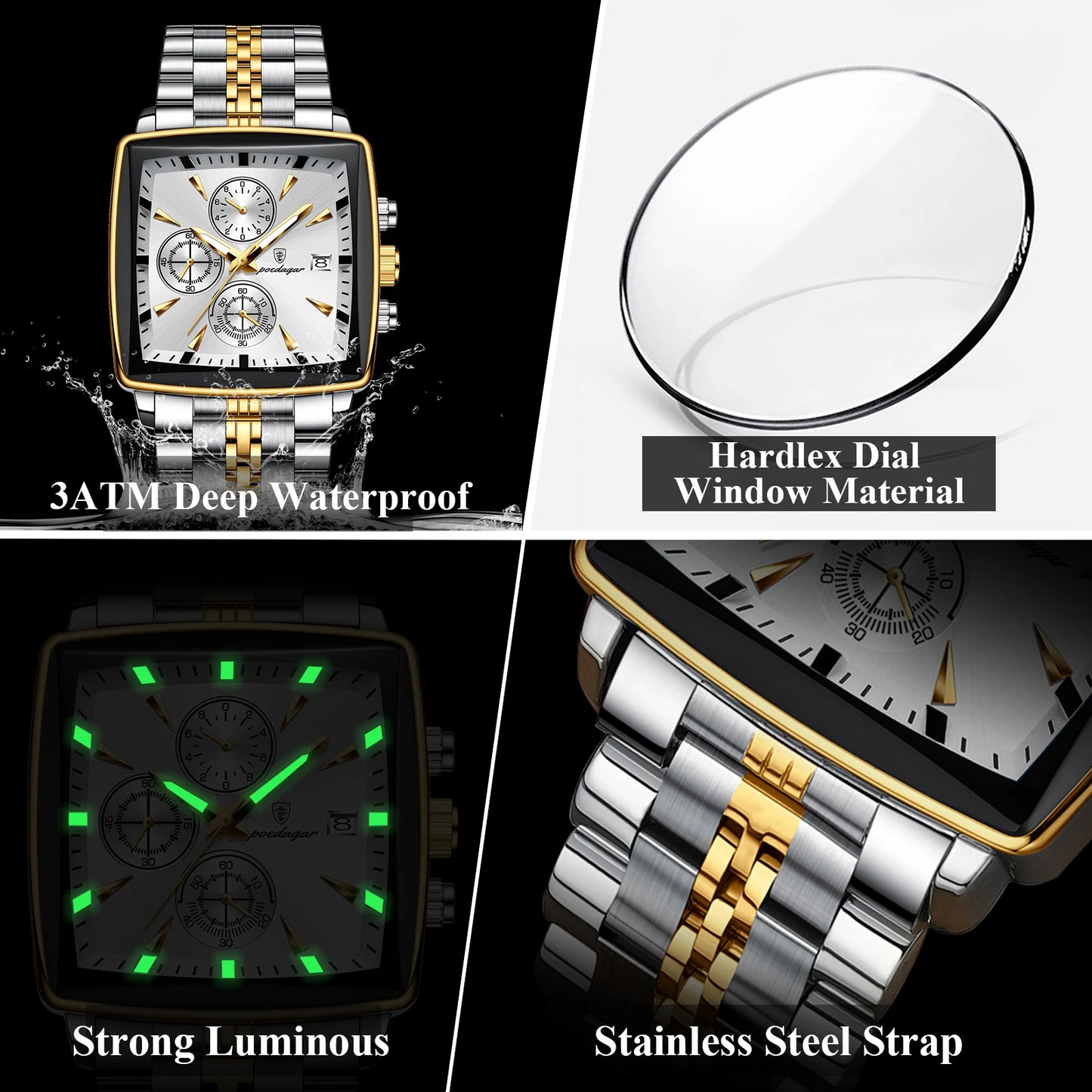 POEDAGAR Luxury Square Sport Man Wristwatch Waterproof