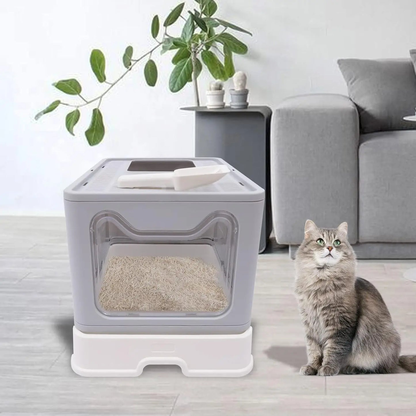 Enclosed Cat Kitty Litter Box with Scoop, Top and Front Entry Litter Box with Lid, Foldable Covered Cat Litter Box