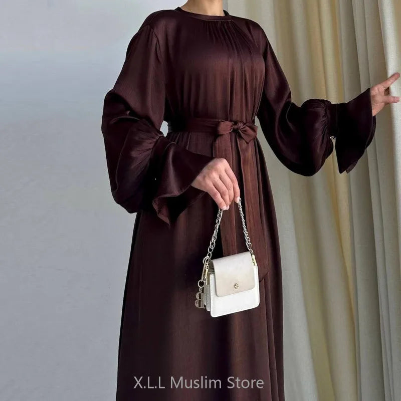 Elegant Satin Muslim Maxi Dress For Women With Belt