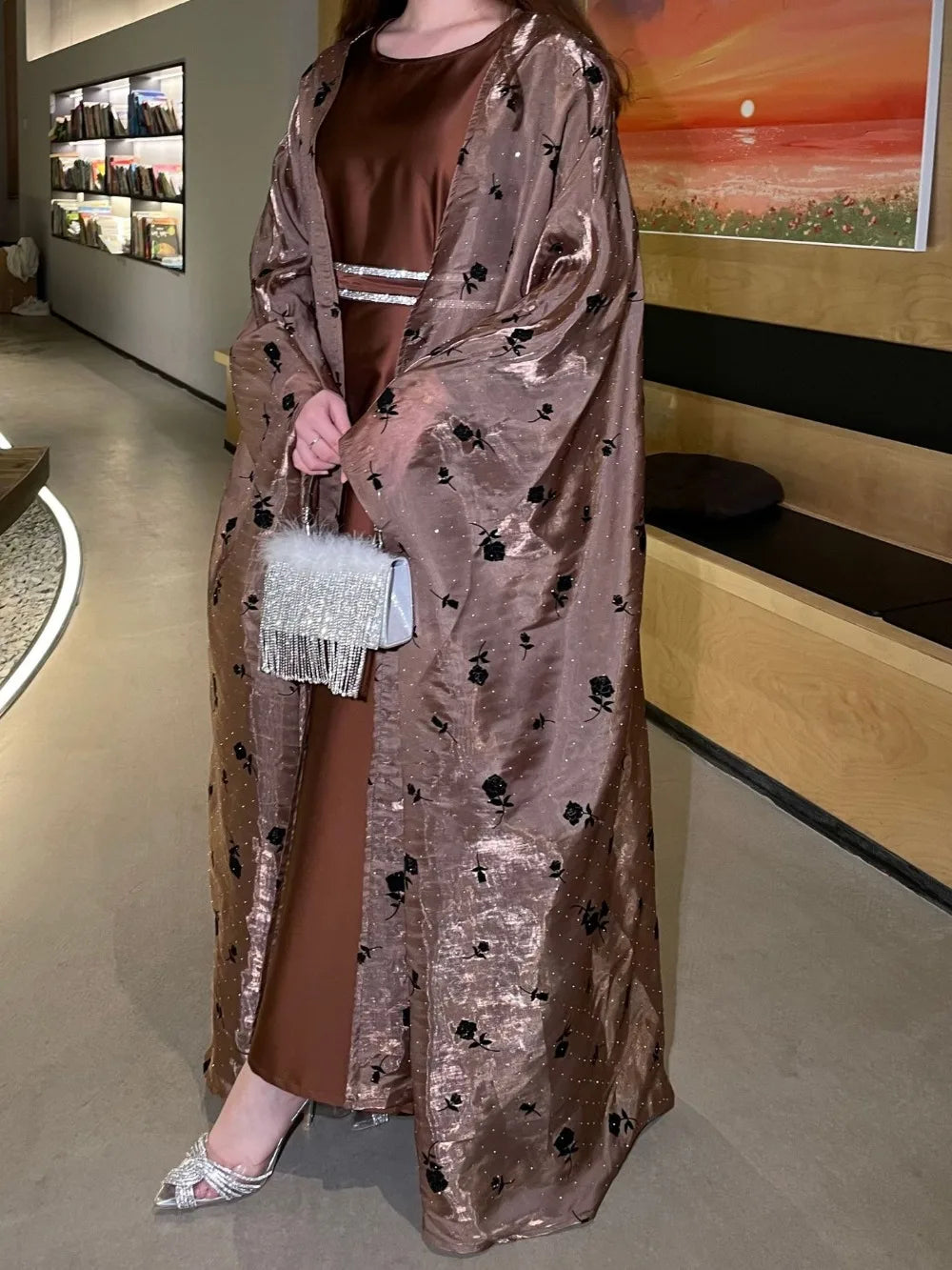 2 Piece Set Women Party Dresses Flower Open Abayas Long Robe 2025