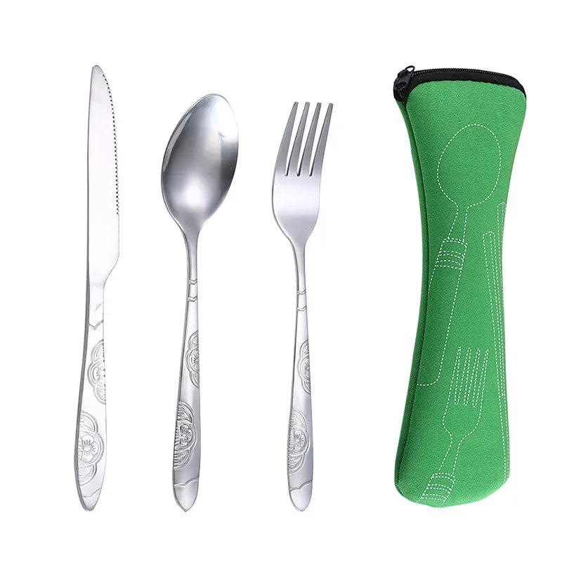 4Pcs/3Pcs Set Dinnerware Portable Printed Knifes Fork Spoon Stainless Steel Tableware with Bag