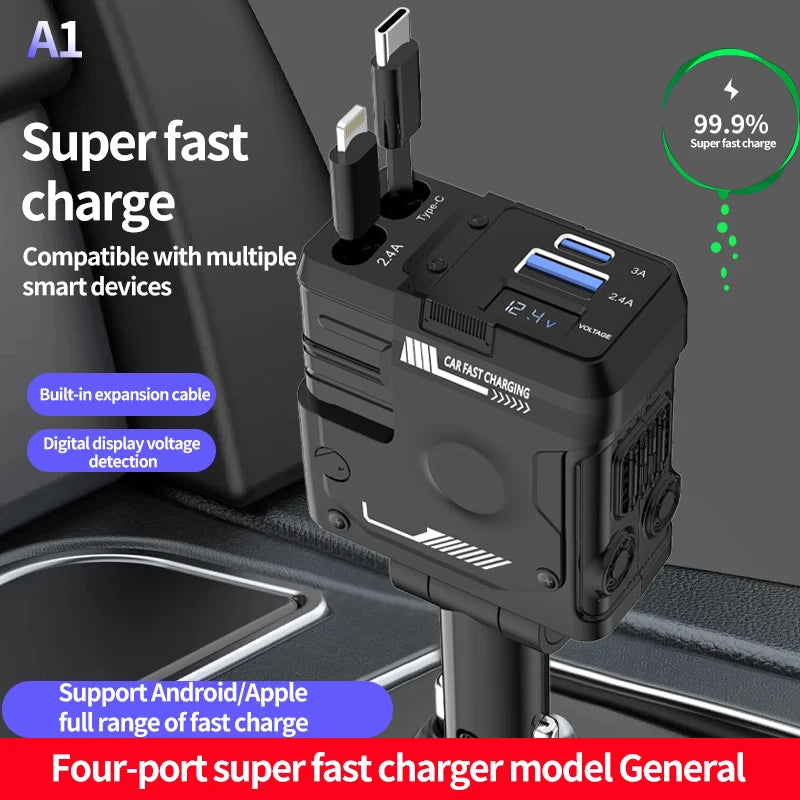 120W Car Charger, 4-in-1 Retractable Cigarette Lighter Adapter with USB Type C Fast Charging Cable for iPhone & Android Devices