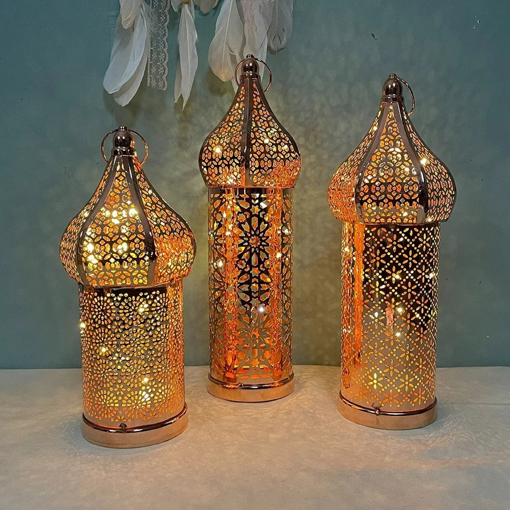 1pc Golden Hollow Iron Lantern Ramadan Home Decoration Light Ornaments Without Batteries