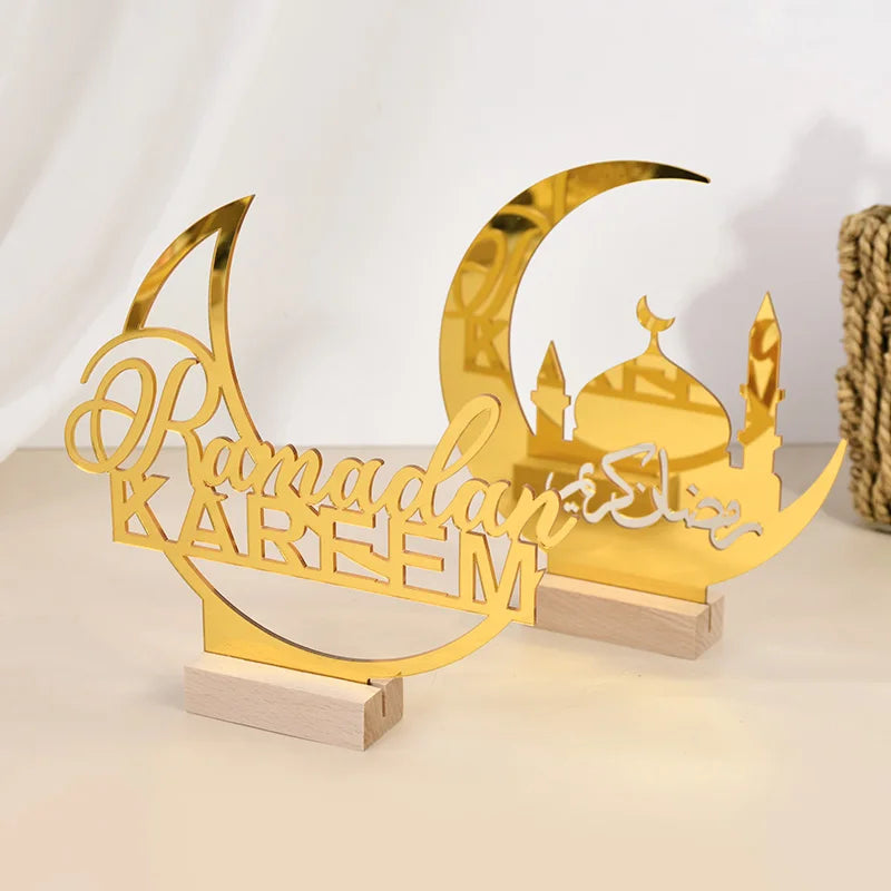 Eid Mubarak Moon Castle Acrylic Table Ornaments with Wooden Base 2025