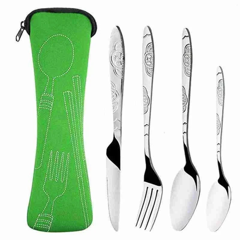 4Pcs/3Pcs Set Dinnerware Portable Printed Knifes Fork Spoon Stainless Steel Tableware with Bag