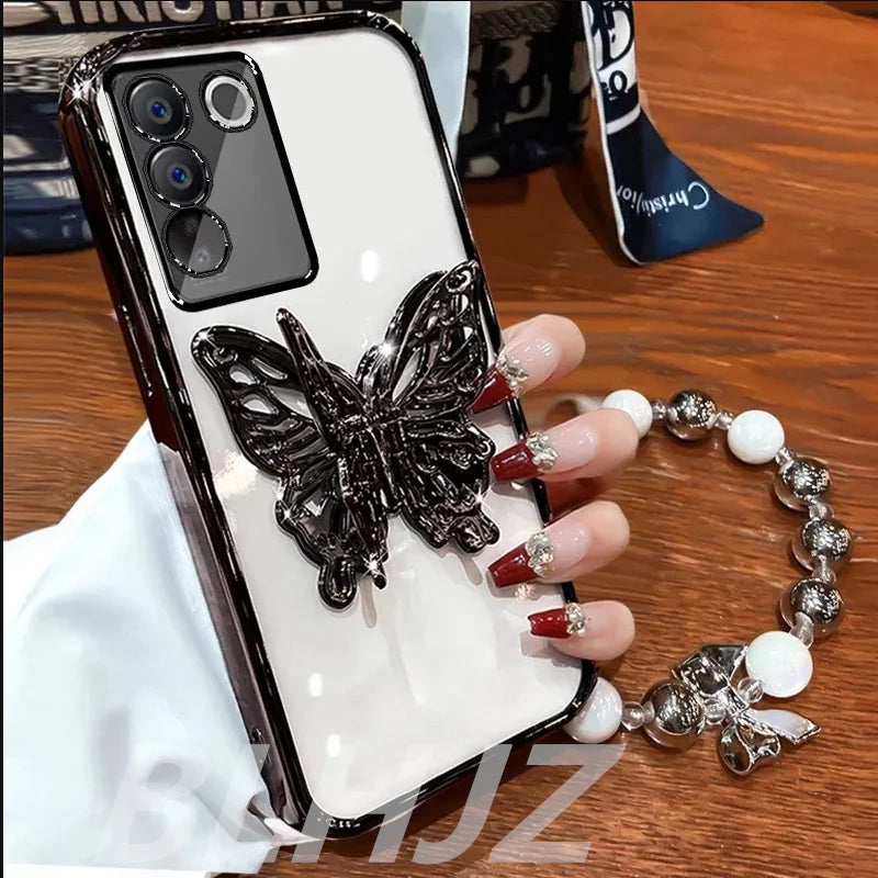 3D Butterfly Phone Holder Bead bracelet Glitter Plating Case for Funda Motorola Moto G24 G 24 G14 G34 G54 G84 G04 Stand Cover