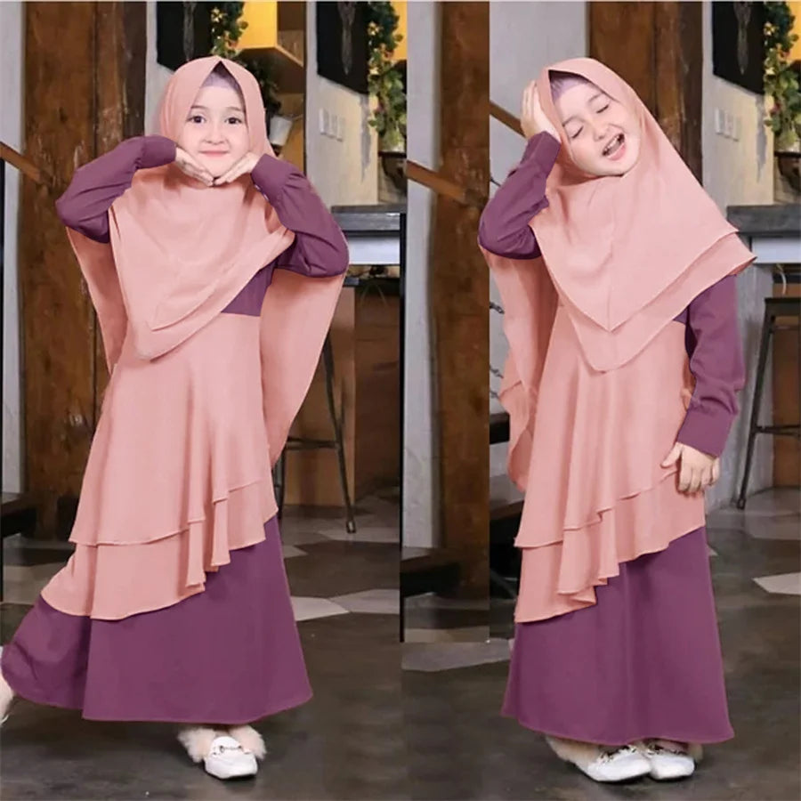 2025 New Muslim Ramadan Prayer Dress Abaya Sets Children Girls Long Robe Headscarf