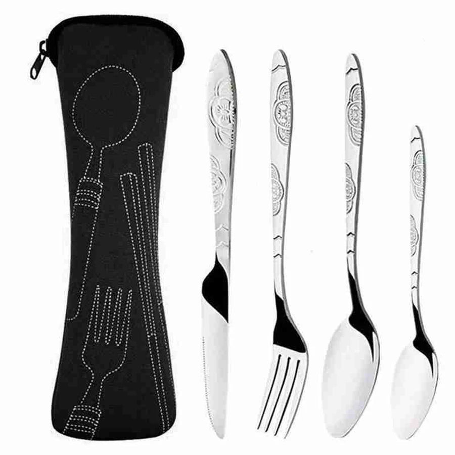 4Pcs/3Pcs Set Dinnerware Portable Printed Knifes Fork Spoon Stainless Steel Tableware with Bag